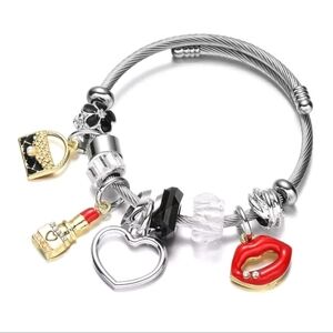 Stainless Steel Jewelry Charm Bangle Bracelet Lipstick Lips Bag